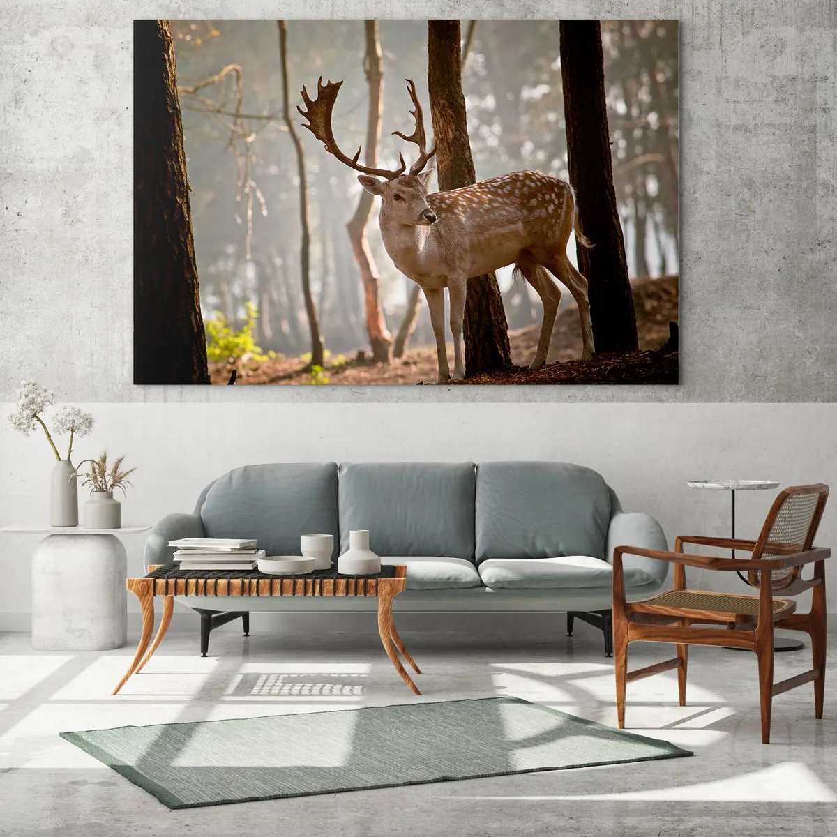 Obraz na skle - Jelen v lese obklopený ranní mlhou - 70x50cm - Světlo mládí - Moderní nástěnná dekorace do obývacího pokoje a ložnice ARTTOR