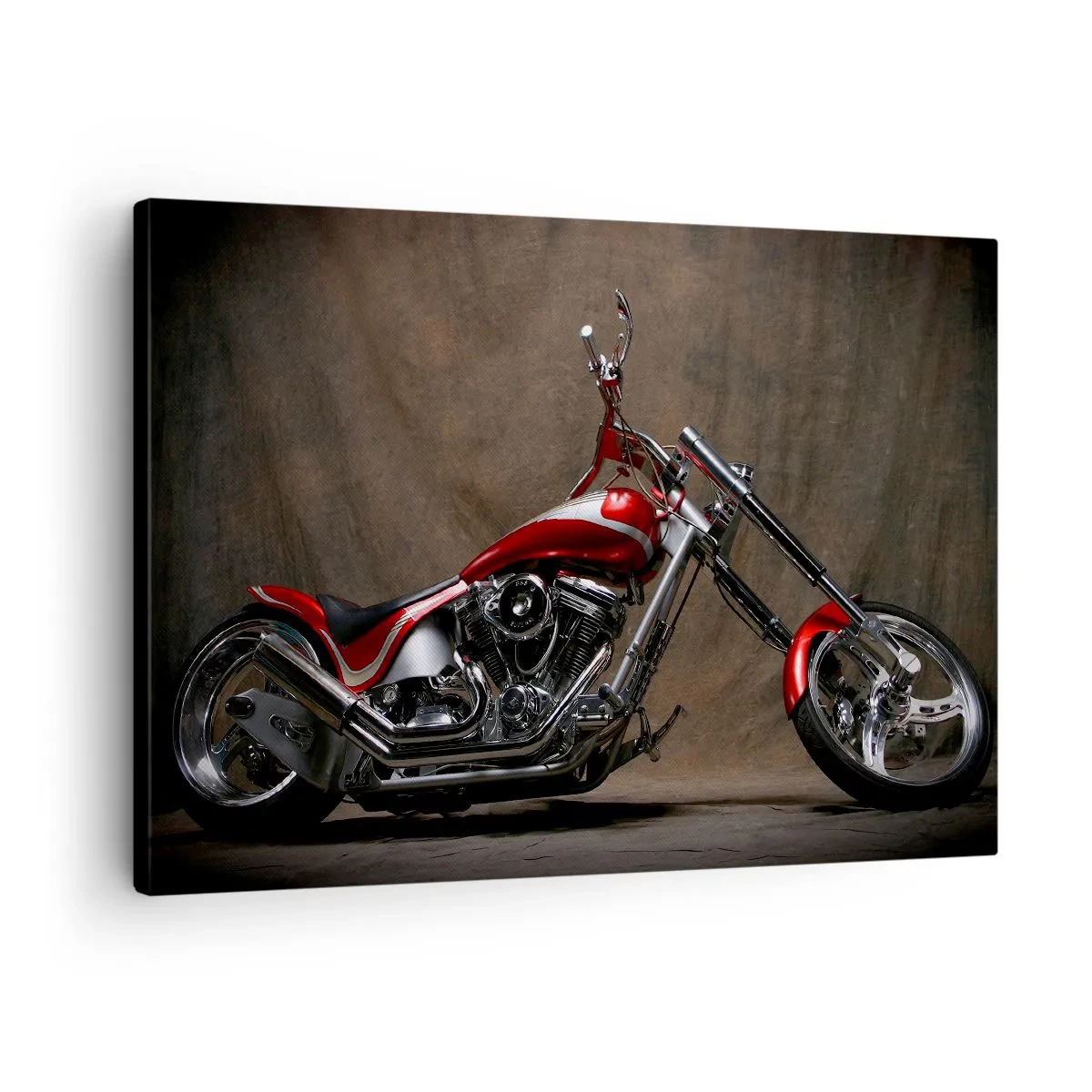 Obraz na plátně - Červený motocykl na zakázku na hnědém látkovém pozadí - 70x50cm - Červeno-stříbrná krása - Moderní nástěnná dekorace do obývacího pokoje a ložnice ARTTOR