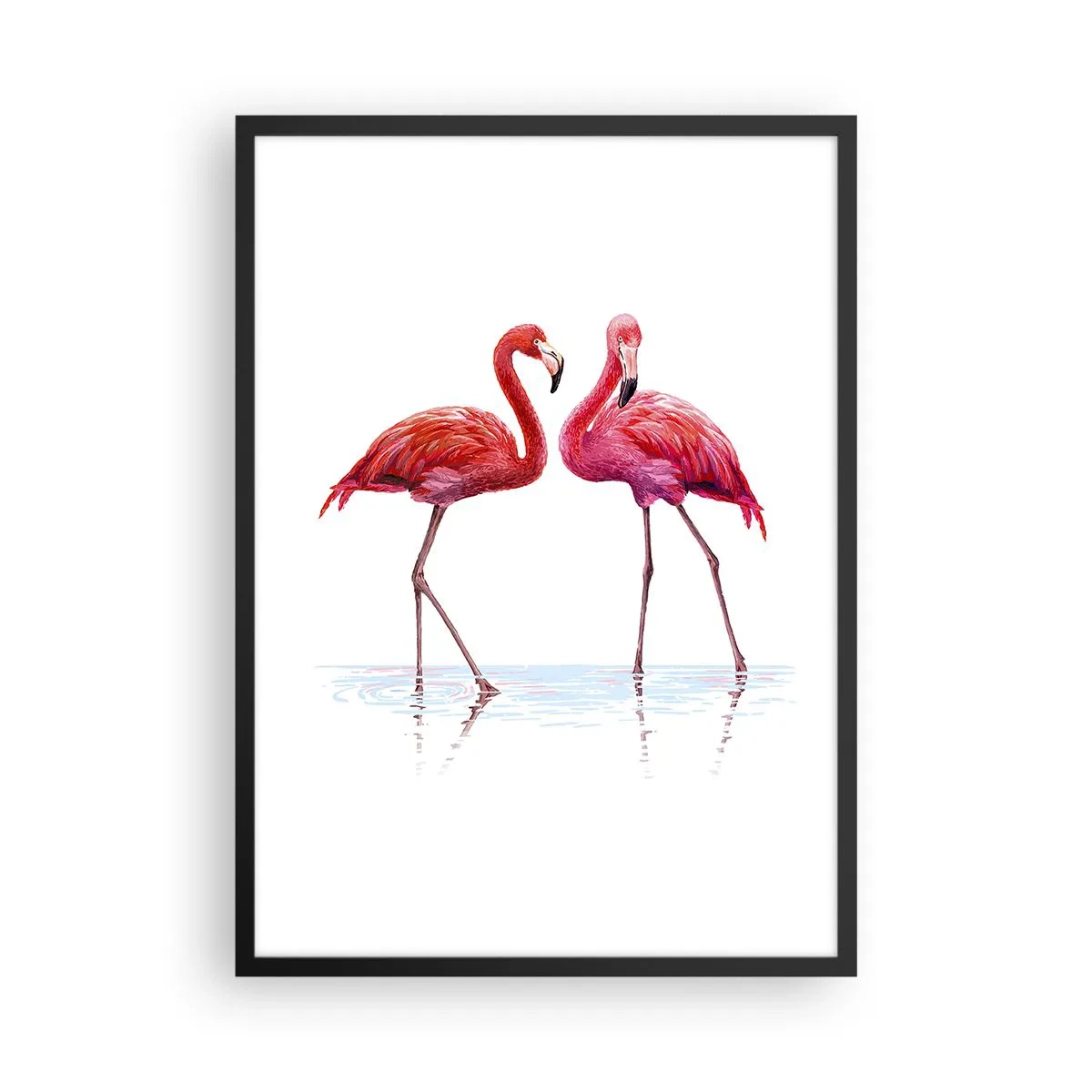 Plakát v černém rámu - Dva plameňáci na bílém pozadí s odrazem ve vodě - 50x70cm - Růžové rendez-vous - Moderní nástěnná dekorace do obývacího pokoje a ložnice ARTTOR