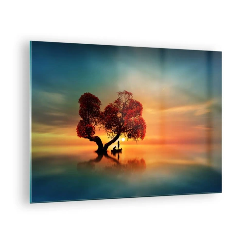 Obraz na skle - Strom s červenými listy na pozadí západu slunce - 70x50cm - Voda a ticho vesmíru - Moderní nástěnná dekorace do obývacího pokoje a ložnice ARTTOR