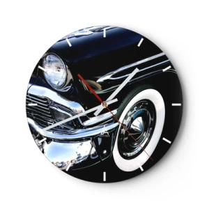 Nástěnné hodiny - Lesklé černé retro auto s klasickým stylem - 30x30cm - Klasika v stříbrné, černé a bílé - Moderní nástěnná dekorace do obývacího pokoje, kuchyně a ložnice ARTTOR