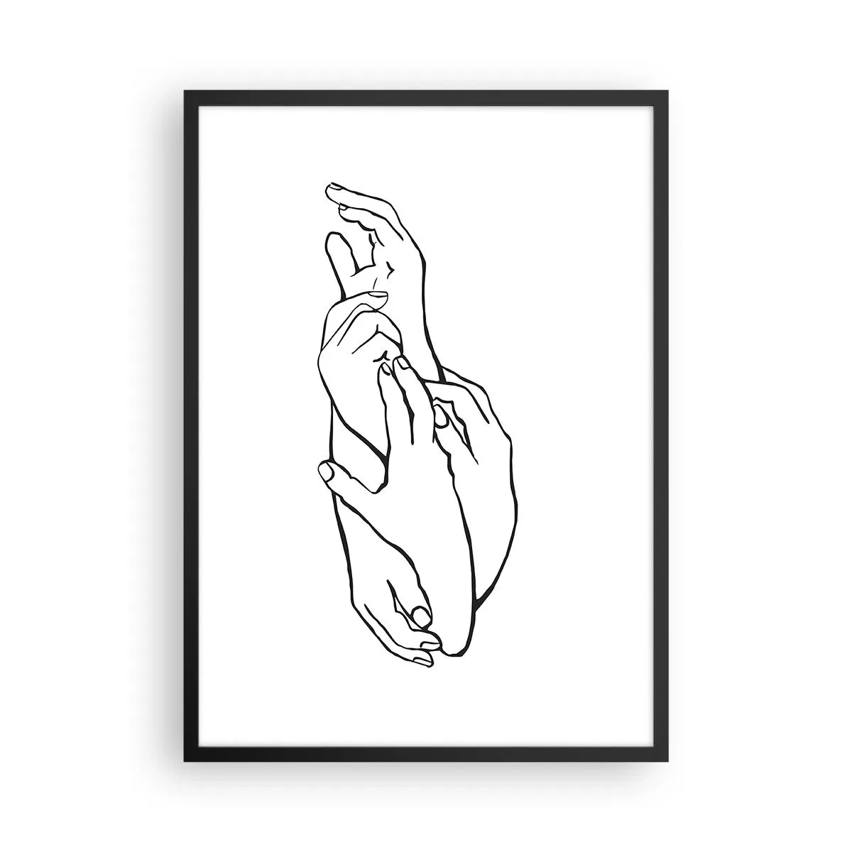 Plakát v černém rámu - Minimalistická skica sepjatých rukou na bílém pozadí. - 50x70cm - Dobrý dotek - Moderní nástěnná dekorace do obývacího pokoje a ložnice ARTTOR