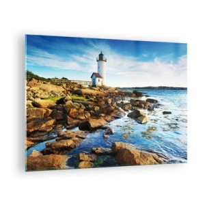 Obraz na skle - Maják na skalnatém pobřeží za slunečného dne - 70x50cm - Vraťte se šťastně, čekám - Moderní nástěnná dekorace do obývacího pokoje a ložnice ARTTOR