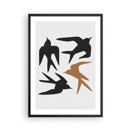 Plakát v černém rámu - Stylizované siluety vlaštovek na světlém pozadí - 50x70cm - Vlaštovky - Moderní nástěnná dekorace do obývacího pokoje a ložnice ARTTOR