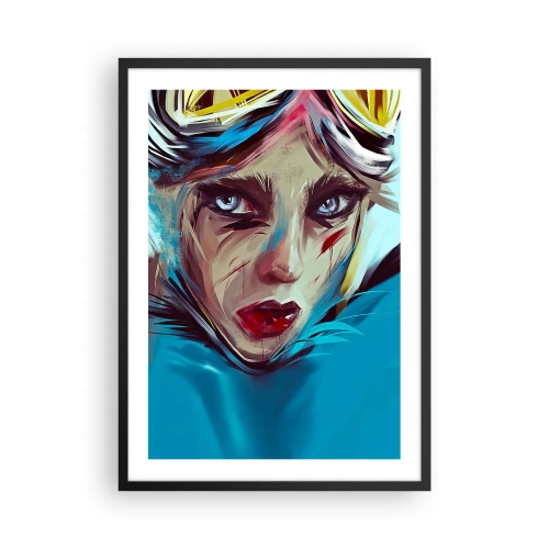 Plakát v černém rámu - Portrét ženy s intenzivním pohledem a modrým pozadím - 50x70cm - Silniční válečnice - Moderní nástěnná dekorace do obývacího pokoje a ložnice ARTTOR