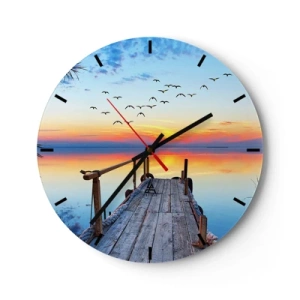 Nástěnné hodiny - Molo na jezeře v paprscích zapadajícího slunce - 30x30cm - Je čas vrátit se… - Moderní nástěnná dekorace do obývacího pokoje, kuchyně a ložnice ARTTOR