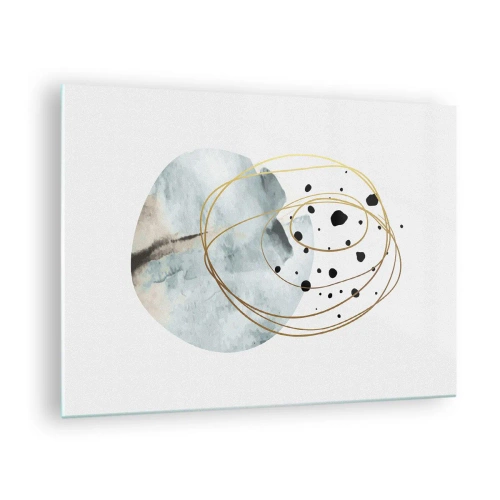 Obraz na skle - Abstraktní kompozice s modrou skvrnou a zlatými čarami - 70x50cm - V objetí prostoru - Moderní nástěnná dekorace do obývacího pokoje a ložnice ARTTOR