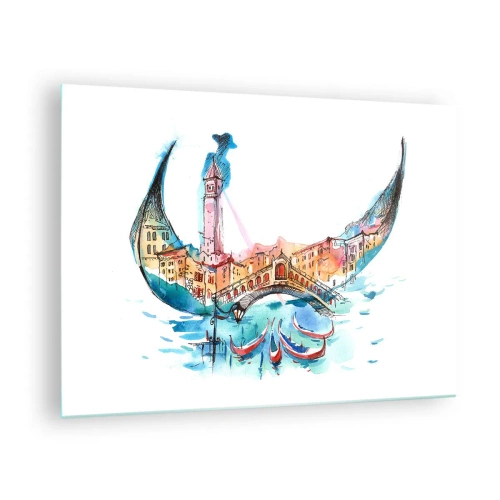 Obraz na skle - Akvarelové panorama Benátek v podobě masky - 70x50cm - Plujeme městem - Moderní nástěnná dekorace do obývacího pokoje a ložnice ARTTOR