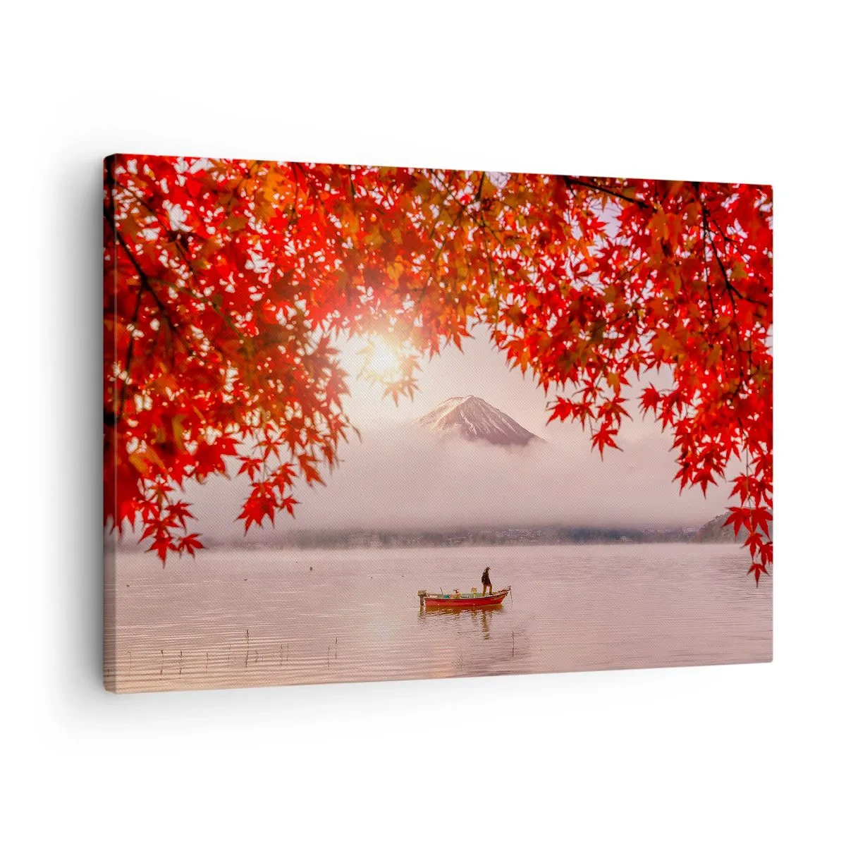 Obraz na plátně - Loď na jezeře obklopené červenými javorovými listy - 70x50cm - V japonském stylu - Moderní nástěnná dekorace do obývacího pokoje a ložnice ARTTOR