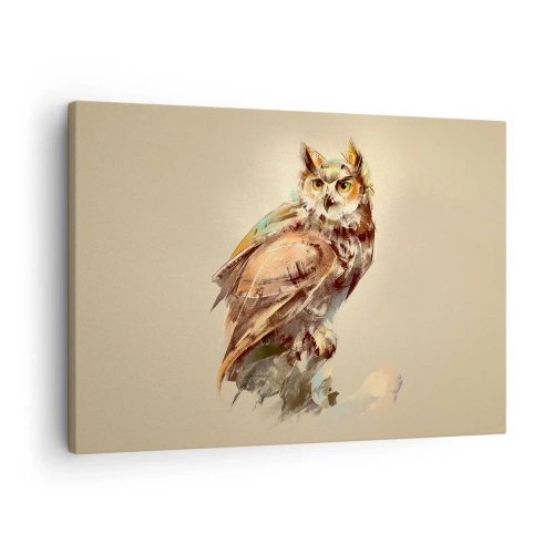 Obraz na plátně - Umělecký portrét sovy na světlém pozadí v teplých odstínech. - 70x50cm - Nejchytřejší sova - potvrdí doubrava - Moderní nástěnná dekorace do obývacího pokoje a ložnice ARTTOR