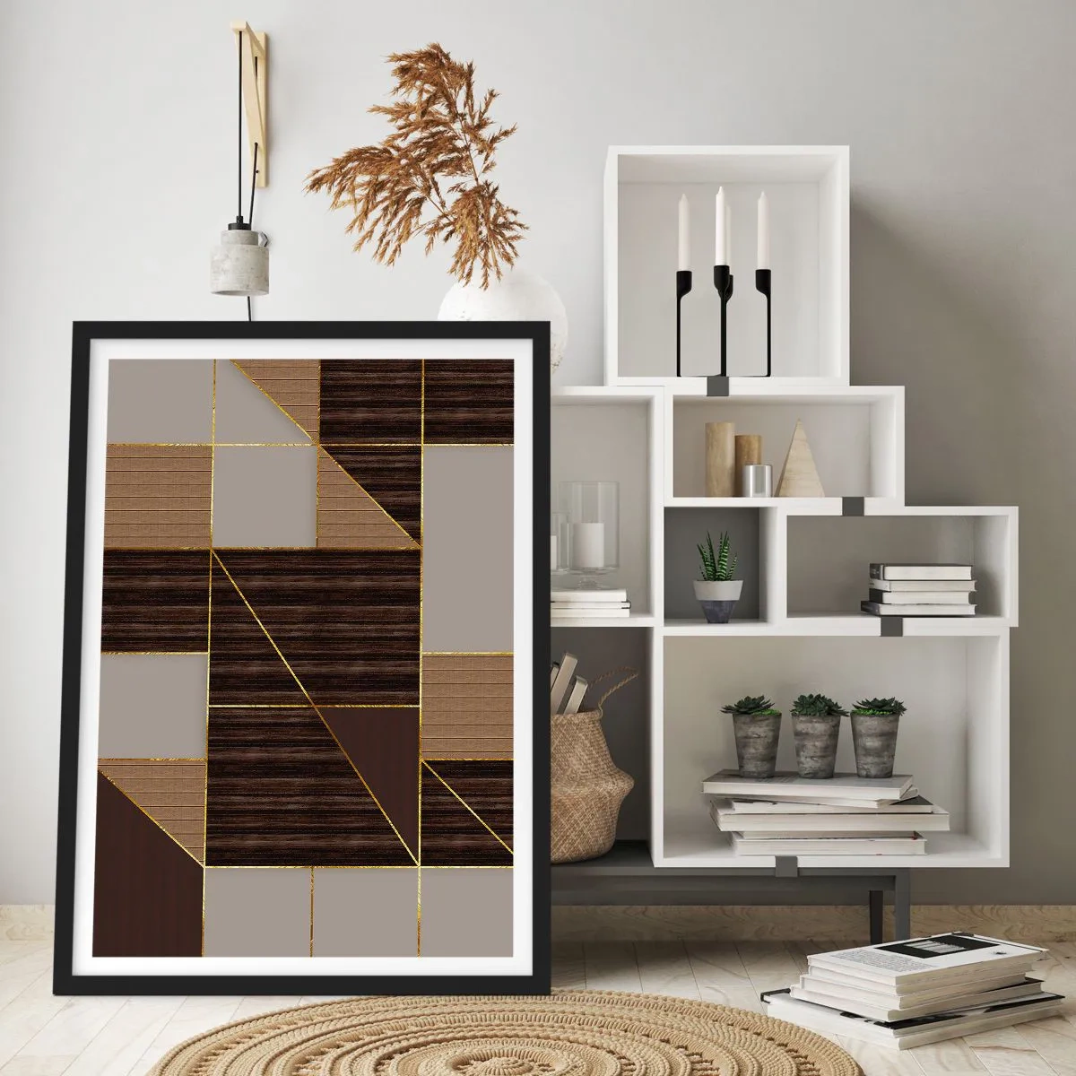 Plakát v černém rámu - Geometrická kompozice v hnědých a zlatých odstínech - 50x70cm - Mozaika hnědé a zlaté - Moderní nástěnná dekorace do obývacího pokoje a ložnice ARTTOR