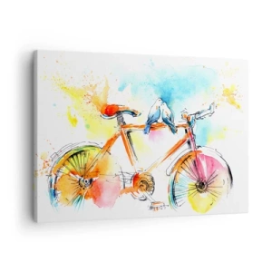 Obraz na plátně - Barevný akvarel na kole s ptáky sedícími na něm - 70x50cm - Ve dvou na kole - Moderní nástěnná dekorace do obývacího pokoje a ložnice ARTTOR