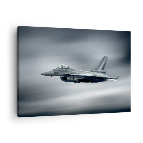 Obraz na plátně - Stíhačka za letu proti zatažené obloze - 70x50cm - Hodíš výzvu? - Moderní nástěnná dekorace do obývacího pokoje a ložnice ARTTOR