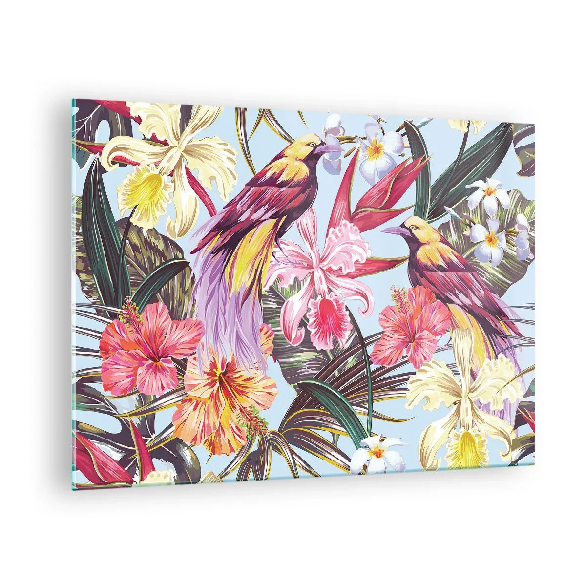 Obraz na skle - Exotické ptáky a květiny na světlém pozadí - 70x50cm - Plátky a pírka - Moderní nástěnná dekorace do obývacího pokoje a ložnice ARTTOR