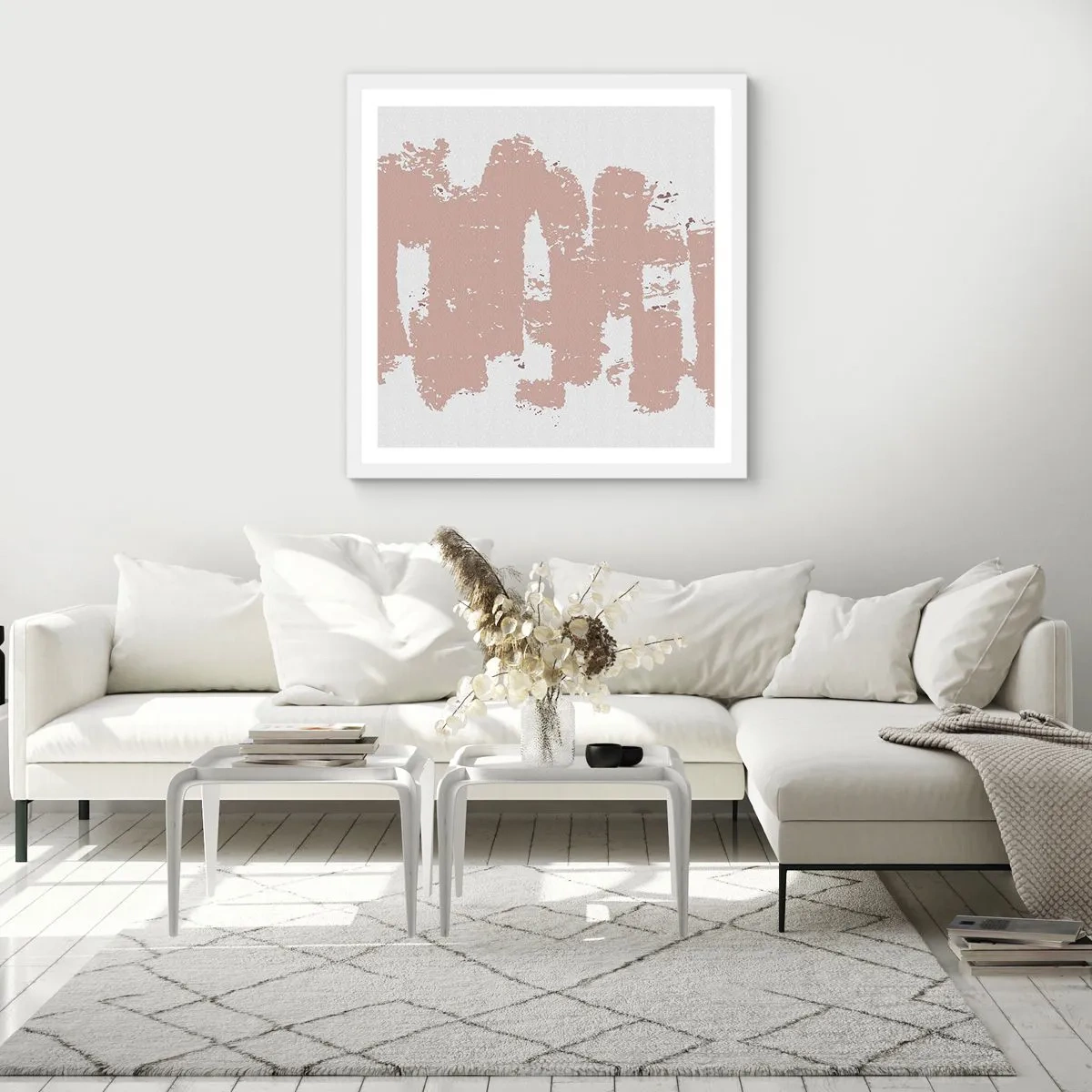 Plakát v bílém rámu - Abstrakce v jemné růžové - 60x60 cm