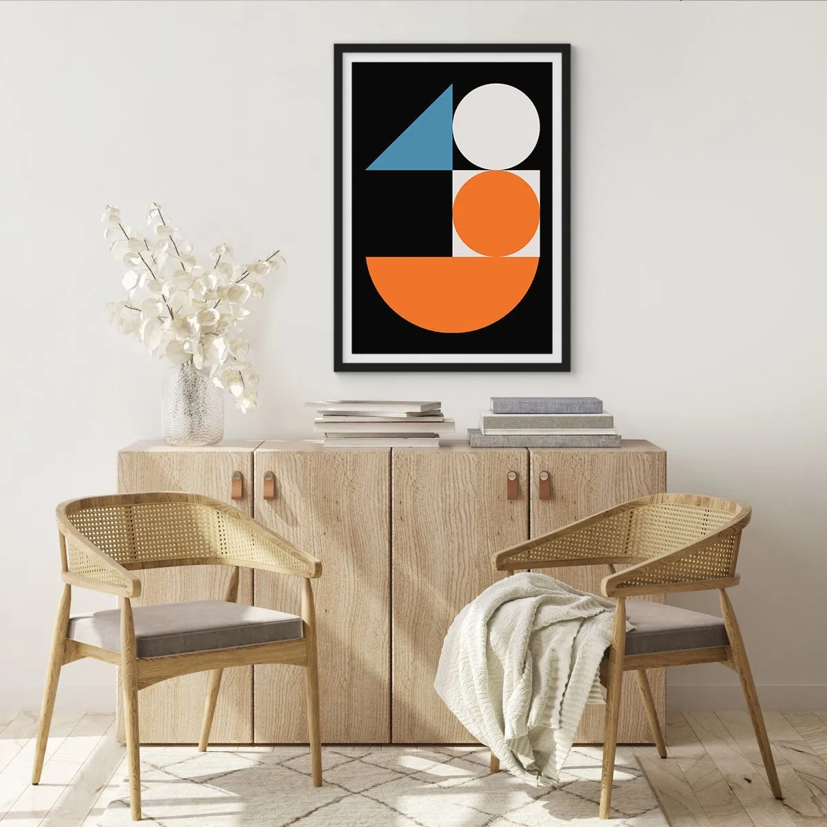 Plakát v černém rámu - Moderní geometrický vzor s kruhy, trojúhelníky a půlkruhy - 50x70cm - Figurínový systém - Moderní nástěnná dekorace do obývacího pokoje a ložnice ARTTOR