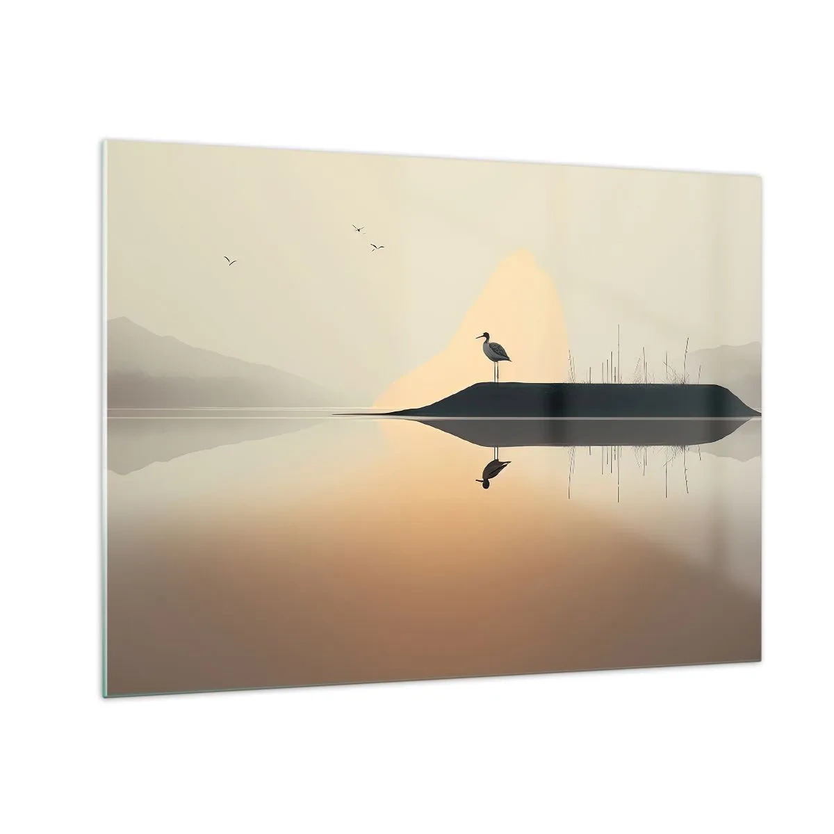 Obraz na skle - Volavka stojící na ostrově v klidných vodách jezera - 70x50cm - Pán na jezeře - Moderní nástěnná dekorace do obývacího pokoje a ložnice ARTTOR
