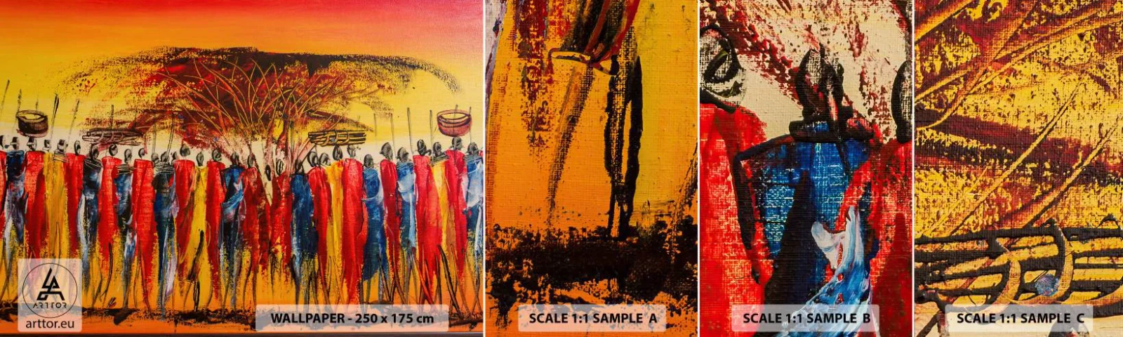 Vzor Fototapety Samolepicí Deluxe Sticker - Tam, tam, tam, tam jdou - Kus, Lidé, Afrika - 100x30 cm