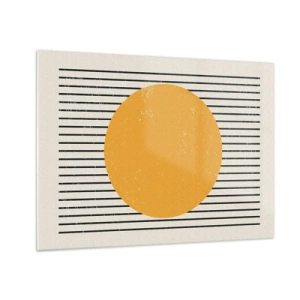 Obraz na skle - Oranžový kruh na pozadí vodorovných černých čar na béžovém pozadí. - 70x50cm - Síla jednoduchosti - Moderní nástěnná dekorace do obývacího pokoje a ložnice ARTTOR
