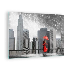 Obraz na skle - Pár s červeným deštníkem stojící před městskou krajinou v noci - 70x50cm - Člověk není kámen - Moderní nástěnná dekorace do obývacího pokoje a ložnice ARTTOR