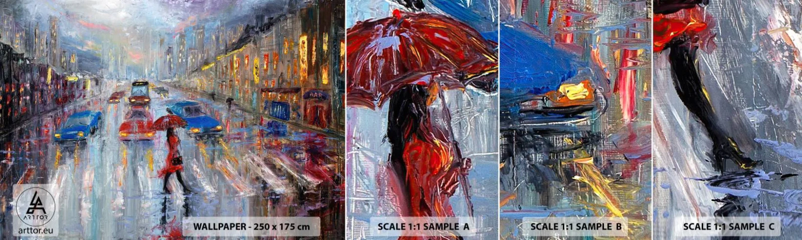 Vzor Fototapety Samolepicí Deluxe Sticker - Deštivé odpoledne ve městě - Město, Architektura, Procházka v dešti - 100x30 cm