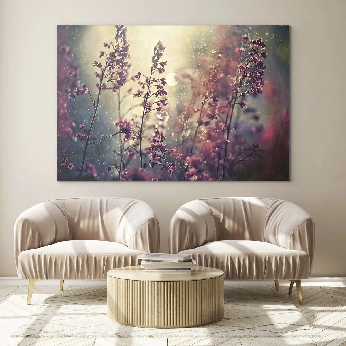 Obraz na skle - Květiny na slunci v jemném dešti - 70x50cm - Tajná zahrada - Moderní nástěnná dekorace do obývacího pokoje a ložnice ARTTOR