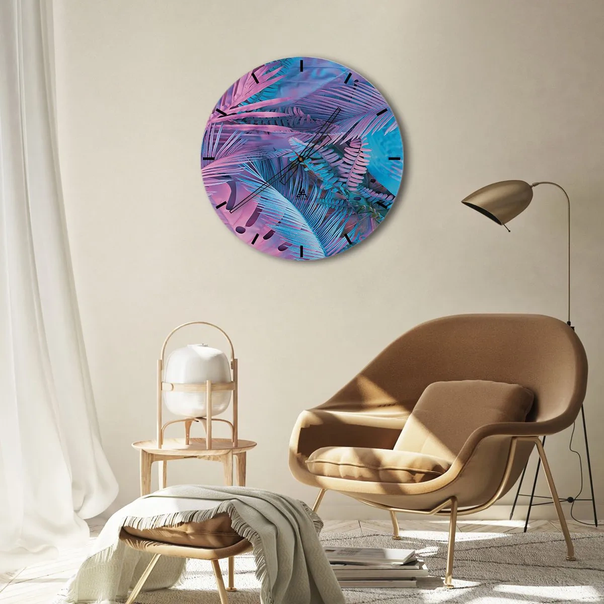 Nástěnné hodiny - Abstraktní kompozice palmových listů v odstínech růžové a modré. - 30x30cm - Tropy v růžové a modré - Moderní nástěnná dekorace do obývacího pokoje, kuchyně a ložnice ARTTOR