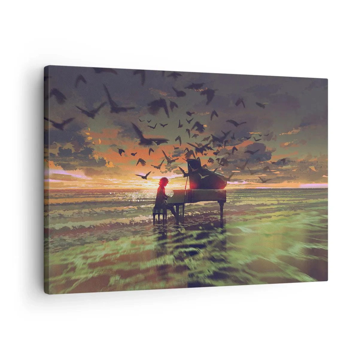 Obraz na plátně - Klavír na pobřeží při západu slunce s ptáky - 70x50cm - Koncert na piano a vlny - Moderní nástěnná dekorace do obývacího pokoje a ložnice ARTTOR