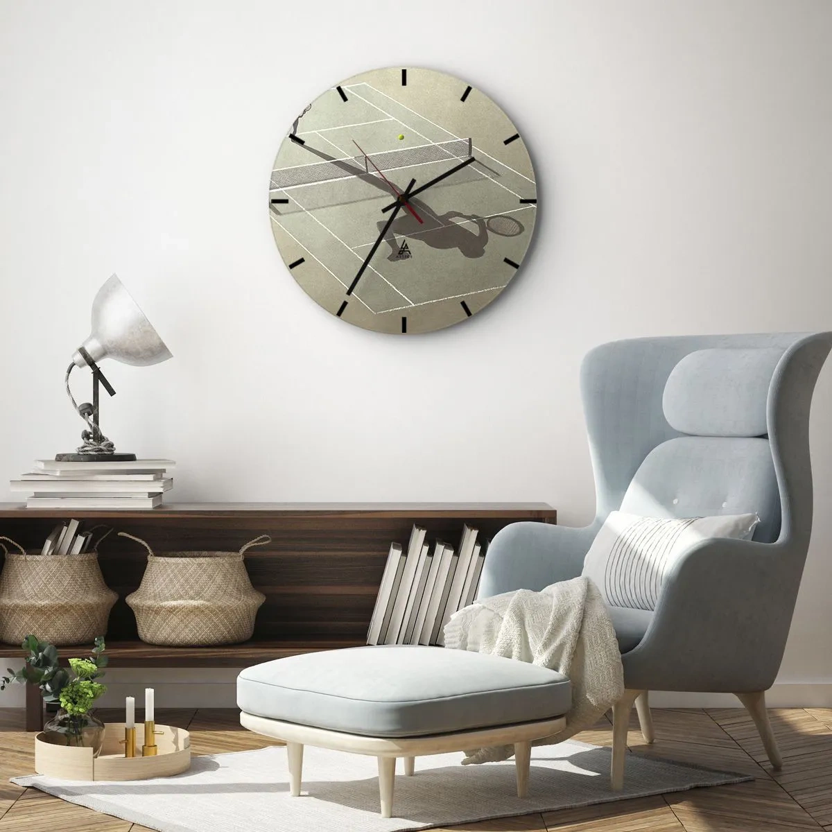 Nástěnné hodiny - Minimalistická silueta tenisty na kurtu - 30x30cm - Dobývání sama sebe - Moderní nástěnná dekorace do obývacího pokoje, kuchyně a ložnice ARTTOR