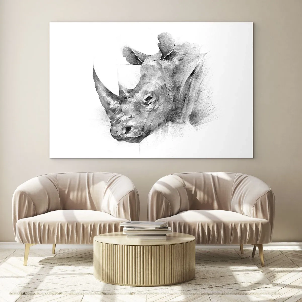 Obraz na skle - Černobílý portrét nosorožce v uměleckém přístupu - 70x50cm - Africký portrét - Moderní nástěnná dekorace do obývacího pokoje a ložnice ARTTOR