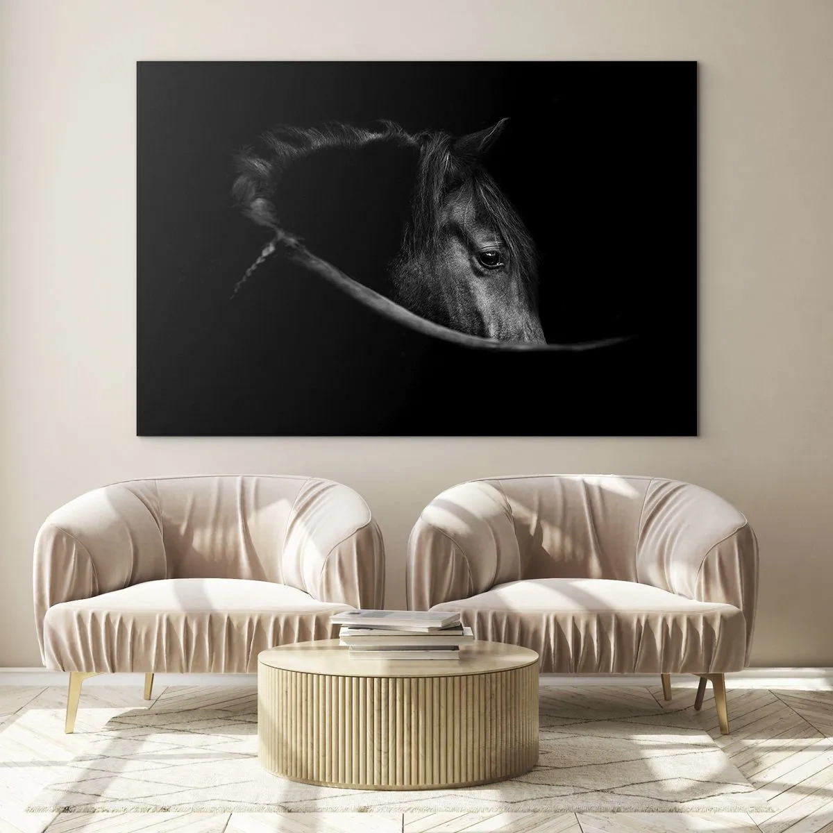 Obraz na skle - Profil černého koně ve stínu s viditelným okem - 70x50cm - Černý kníže - Moderní nástěnná dekorace do obývacího pokoje a ložnice ARTTOR