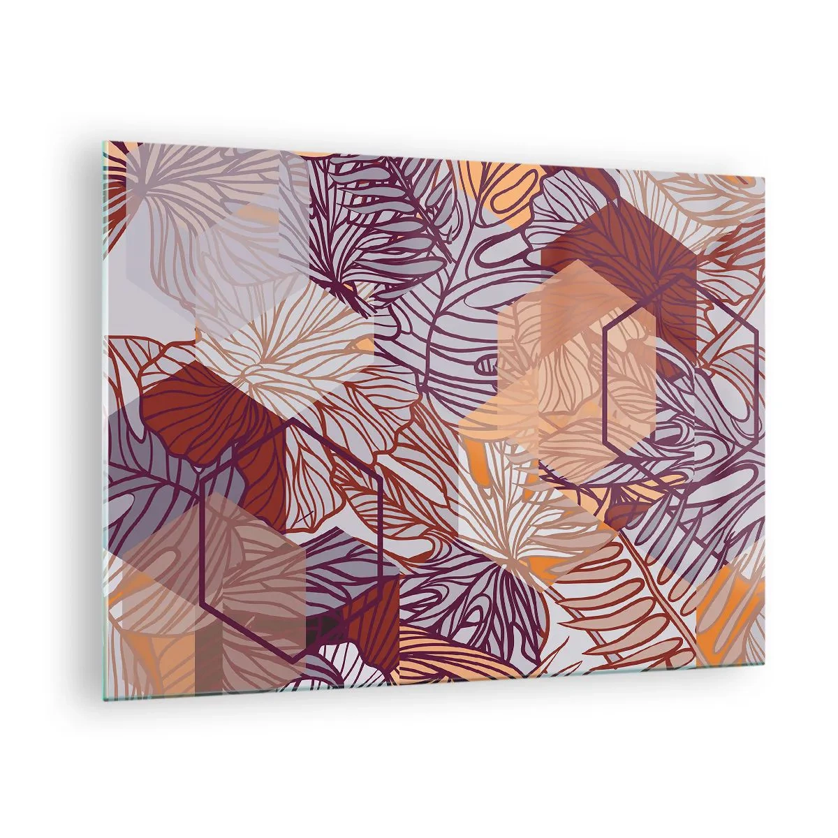 Obraz na skle - Grafické listy na pozadí geometrických tvarů - 70x50cm - Nemožný vztah mezi geometrií a přírodou - Moderní nástěnná dekorace do obývacího pokoje a ložnice ARTTOR