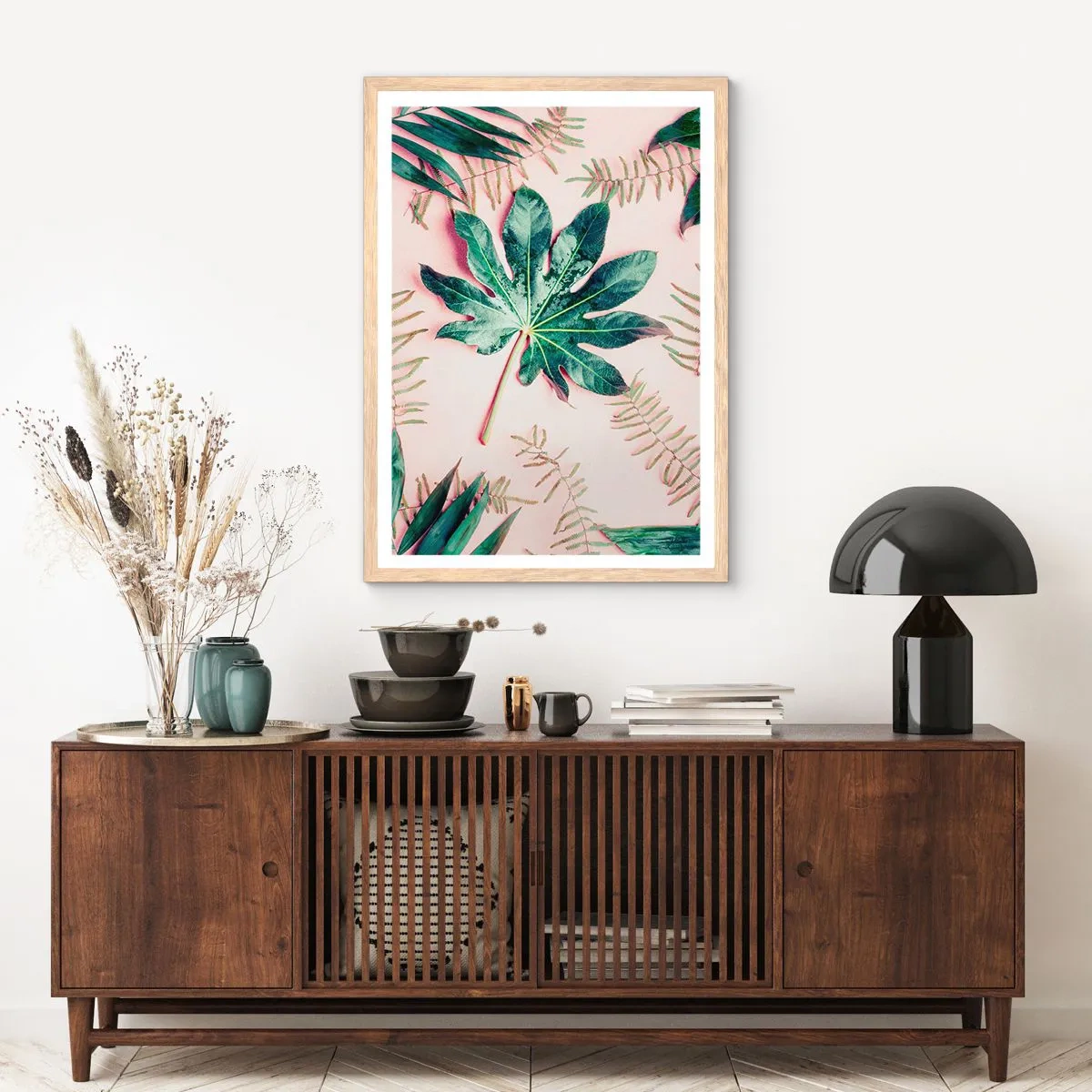 Plakát v rámu světlý dub - Studie zelené na růžovém pozadí - 50x70 cm