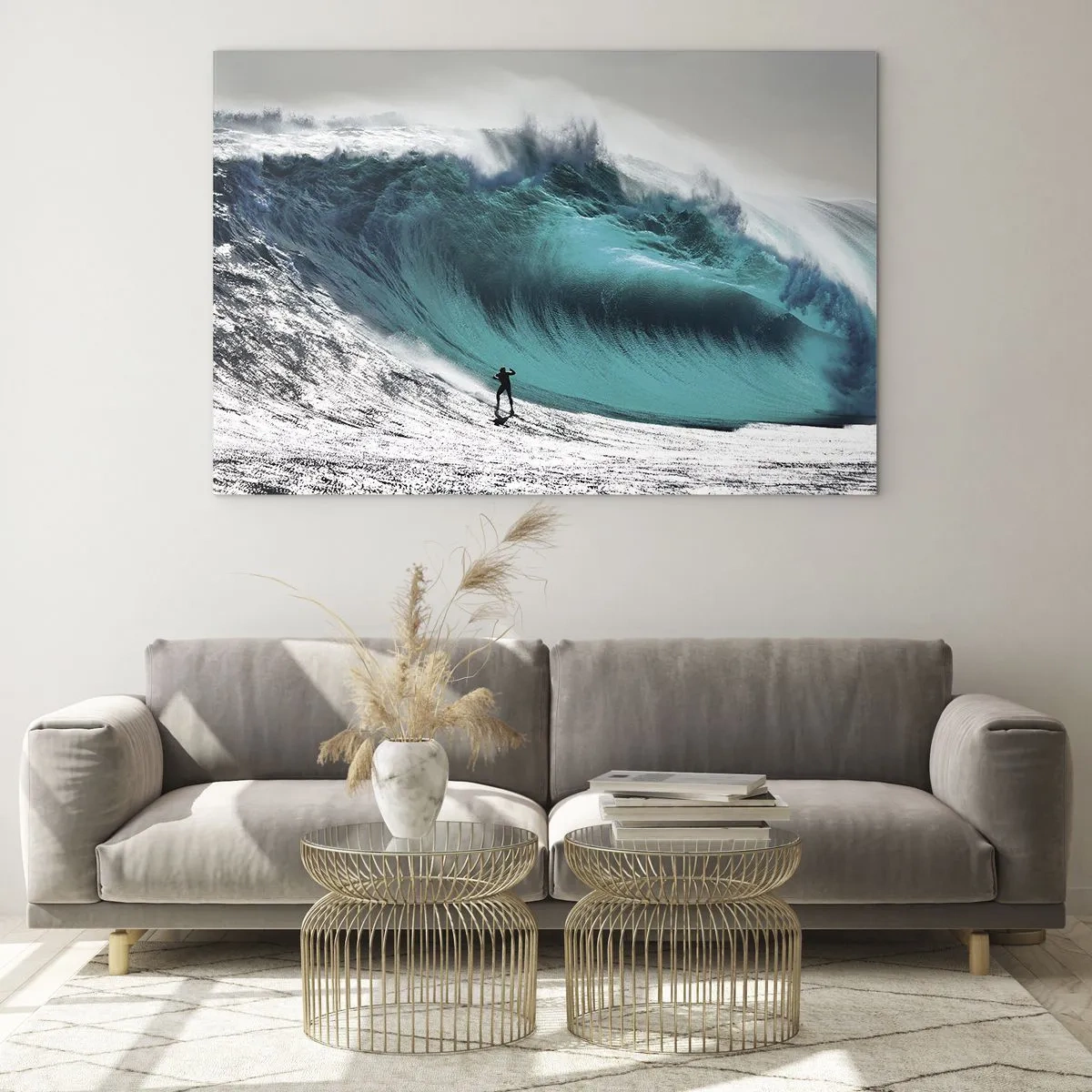 Obraz na skle - Surfař před obrovskou vlnou - 70x50cm - Výzva přijata - Moderní nástěnná dekorace do obývacího pokoje a ložnice ARTTOR