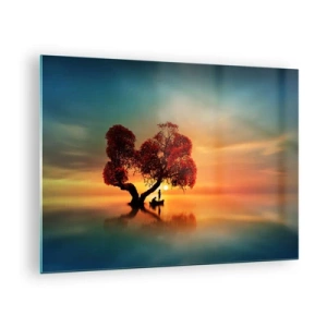 Obraz na skle - Strom s červenými listy na pozadí západu slunce - 70x50cm - Voda a ticho vesmíru - Moderní nástěnná dekorace do obývacího pokoje a ložnice ARTTOR