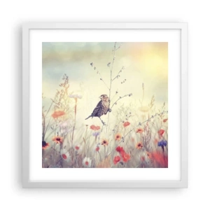 Plakát v bílém rámu - Portrét ptáka s loukou v pozadí - 40x40 cm