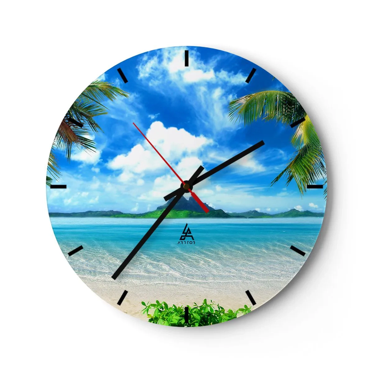 Nástěnné hodiny - Exotická pláž s palmami a azurovým mořem - 30x30cm - Modř tropů - Moderní nástěnná dekorace do obývacího pokoje, kuchyně a ložnice ARTTOR