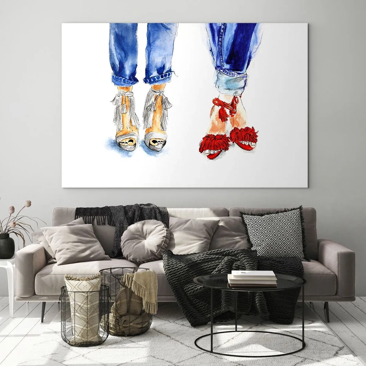 Obraz na skle - Dvě stylové boty na pozadí džínů - 70x50cm - Možná bychom šli na procházku? - Moderní nástěnná dekorace do obývacího pokoje a ložnice ARTTOR