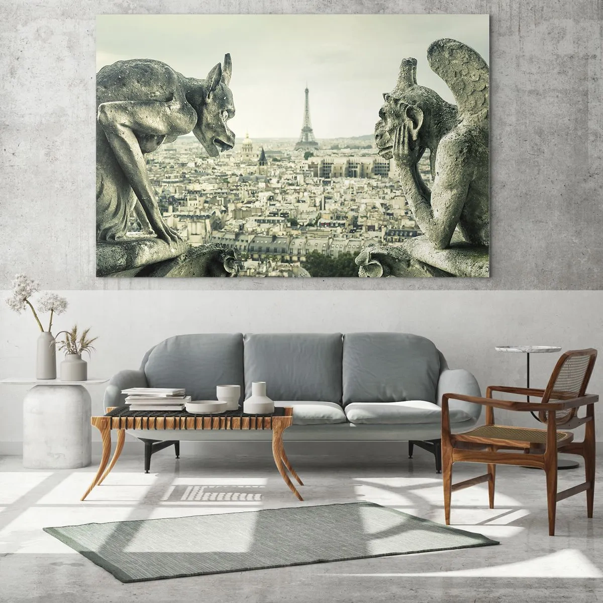 Obraz na skle - Chrliče nad Paříží s výhledem na Eiffelovu věž - 70x50cm - Pařížské povídání - Moderní nástěnná dekorace do obývacího pokoje a ložnice ARTTOR