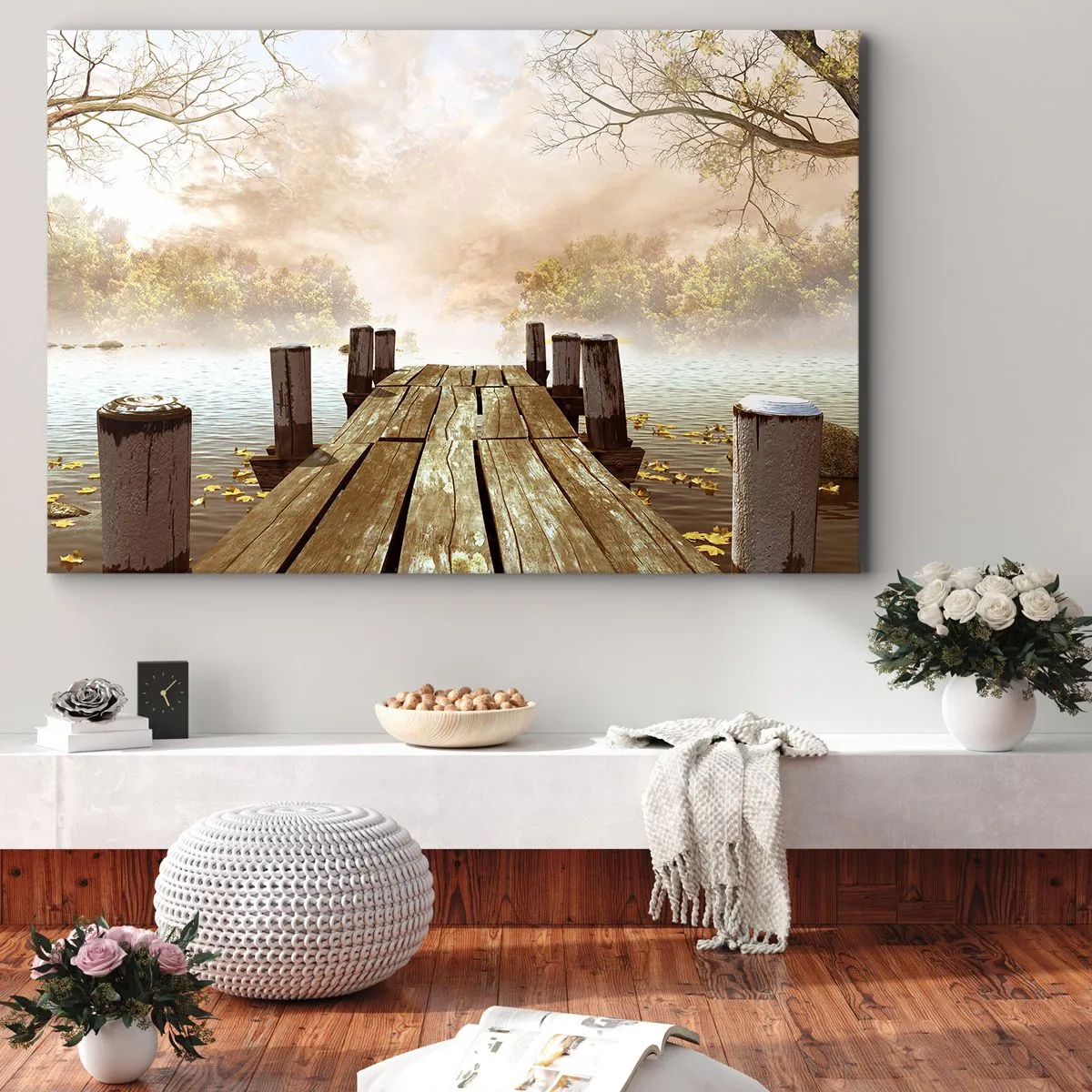 Obraz na plátně - Dřevěné molo vedoucí k klidnému jezeru v ranní mlze - 70x50cm - Jemný smutek podzimu - Moderní nástěnná dekorace do obývacího pokoje a ložnice ARTTOR