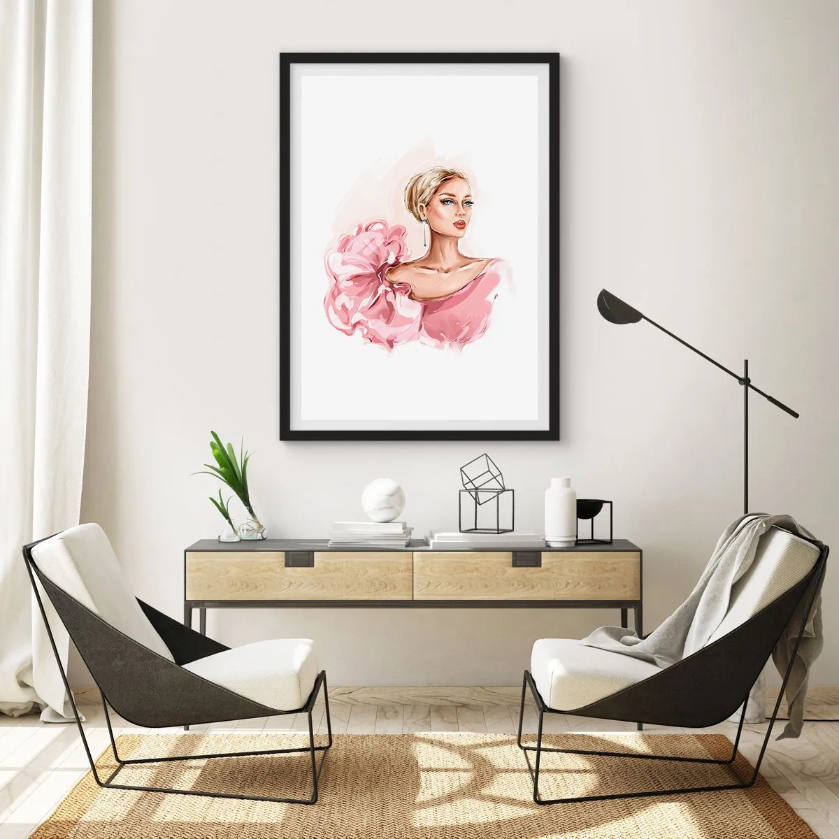 Plakát v černém rámu - Elegantní žena v růžových šatech - 50x70cm - Jako malovaná… - Moderní nástěnná dekorace do obývacího pokoje a ložnice ARTTOR
