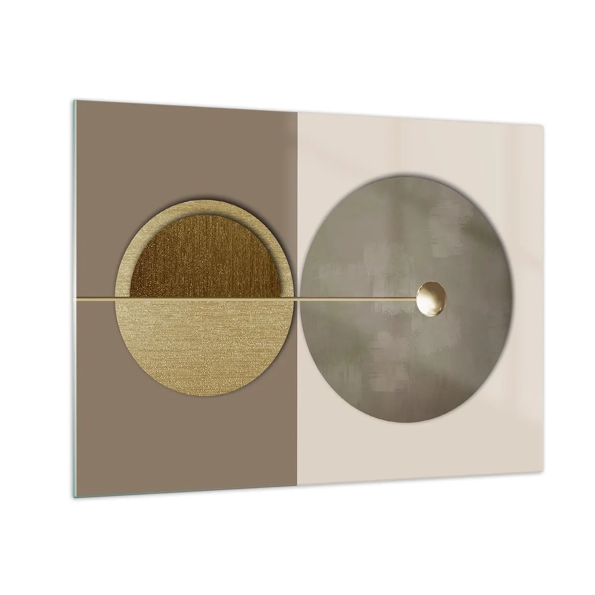 Obraz na skle - Zlaté kruhy a čáry v harmonické kompozici - 70x50cm - Dokonalá rovnováha - Moderní nástěnná dekorace do obývacího pokoje a ložnice ARTTOR