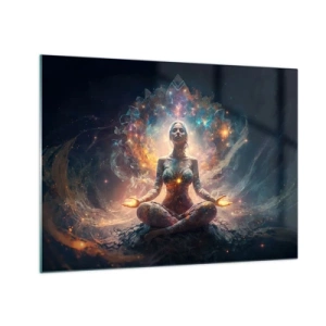 Obraz na skle - Meditující žena v zářivé auře energie a barev - 70x50cm - Proudění dobré energie - Moderní nástěnná dekorace do obývacího pokoje a ložnice ARTTOR