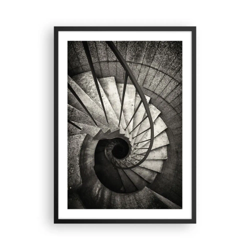 Plakát v černém rámu - Černobílá fotografie točitého schodiště shora - 50x70cm - Nahoru po schodech, dolů po schodech - Moderní nástěnná dekorace do obývacího pokoje a ložnice ARTTOR