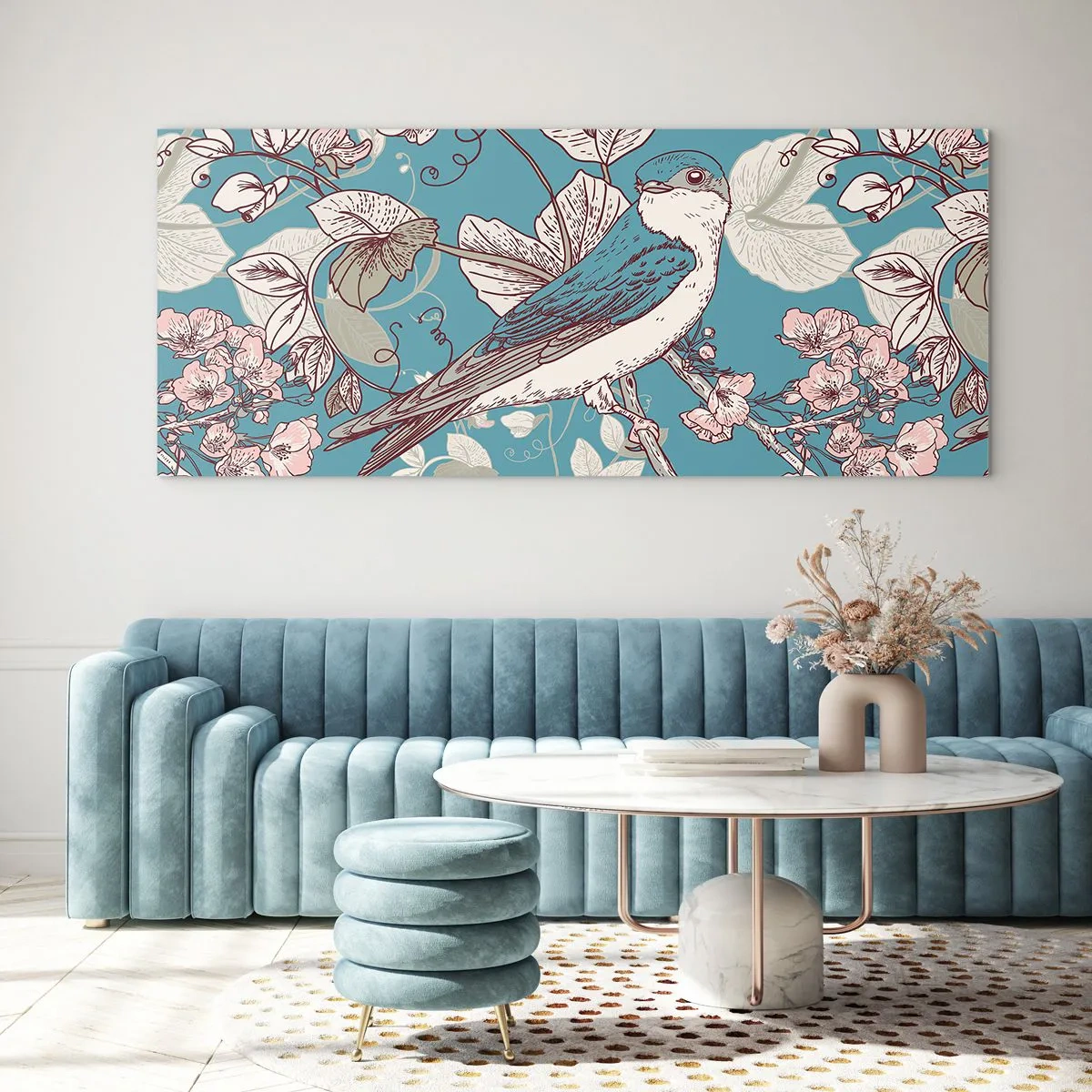 Obraz na skle - Na bílém stromě ptáci a stříbrné listí - 90x30 cm