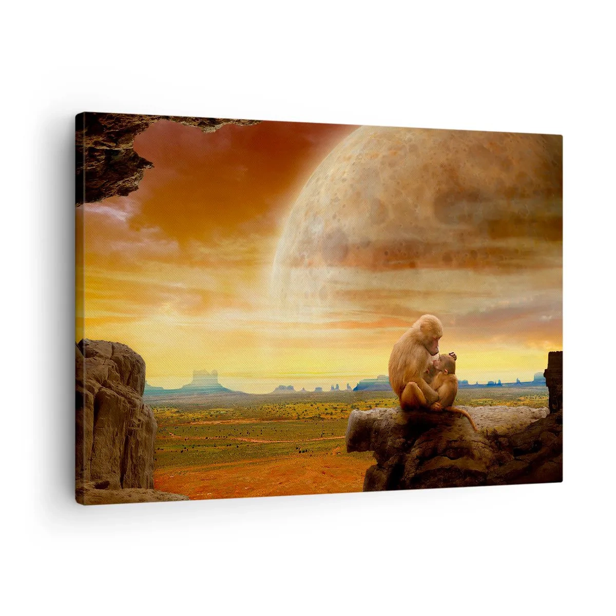 Obraz na plátně - Opice sedící na skále v surrealistické krajině s obří planetou - 70x50cm - Láska je všude stejná - Moderní nástěnná dekorace do obývacího pokoje a ložnice ARTTOR