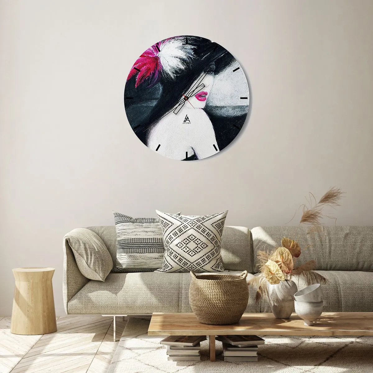 Nástěnné hodiny - Stylová figurka s kloboukem a červenou dekorací - 30x30cm - Vždy tajemství - Moderní nástěnná dekorace do obývacího pokoje, kuchyně a ložnice ARTTOR