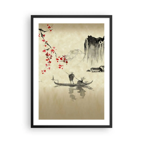 Plakát v černém rámu - Orientální scéna s rybáři na lodi - 50x70cm - V zemi kvetoucích třešní - Moderní nástěnná dekorace do obývacího pokoje a ložnice ARTTOR