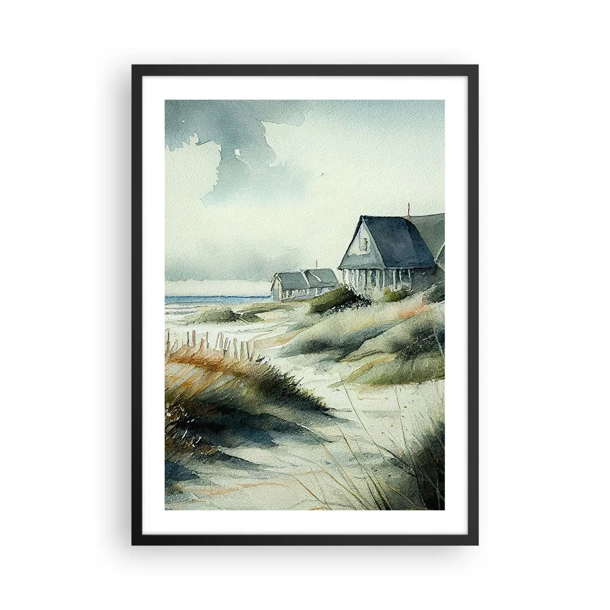 Plakát v černém rámu - Akvarelový plážový dům s výhledem na moře - 50x70cm - Daleko od shonu - Moderní nástěnná dekorace do obývacího pokoje a ložnice ARTTOR