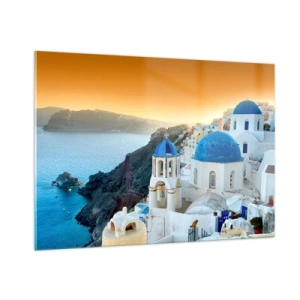 Obraz na skle - Santorini - přitulené ke skalám - 100x70 cm